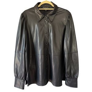 Marc New York Andrew Marc Vegan Leather Black Shirt Jacket Snaps Frill Shoulder
